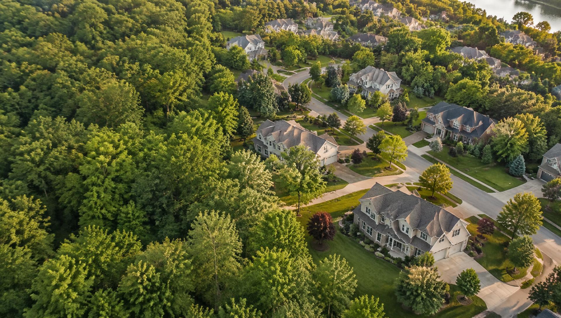 Leafy residential streets and homes viewed from above